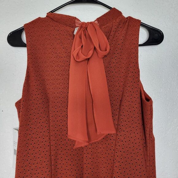 Signature by Robbie Bee Rust Perforated Sleeveless Tied Closure A-Line Dress - Picture 6 of 11